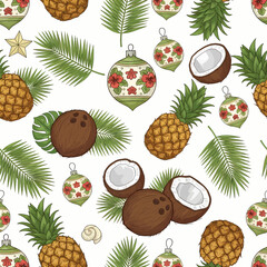 Seamless pattern illustration featuring hand-drawn tropical fruit like pineapple and coconut, mixed with festive Christmas ornaments and palm fronds
