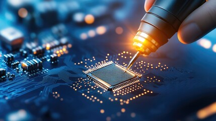 An electronic engineer skillfully uses tools to solder and assemble a circuit board in a workshop. The setting features a clean white background, enhancing focus on the intricate work being performed