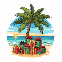 Vibrant tropical Christmas vector illustration featuring a palm tree decorated with lights and colorful presents on a sunny beach