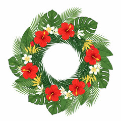Vector illustration of a lush tropical wreath featuring red hibiscus, white plumeria, and green palm leaves