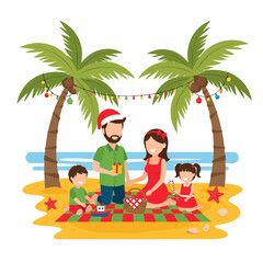 Vector illustration of a family celebrating a warm-weather Christmas picnic on a tropical beach under decorated palm trees