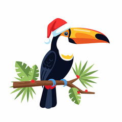 A vibrant vector illustration featuring a toucan wearing a red Santa hat, perched on a tropical branch with festive leaves
