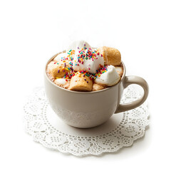 Steaming Hot Chocolate with Toasted Marshmallows and Sprinkles on a Doily