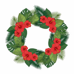 Tropical Red Hibiscus Flower and Palm Leaf Wreath Frame Vector