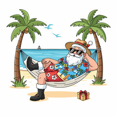 Humorous vector illustration of Santa Claus relaxing in a hammock on a tropical beach between two palm trees, wearing a Hawaiian shirt and sunglasses