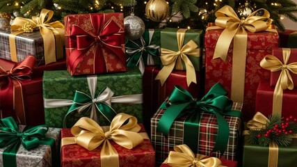 Luxurious pile of wrapped Christmas gift boxes with elegant red green and gold ribbons and bows under tree lights holiday shopping background

 - Powered by Adobe