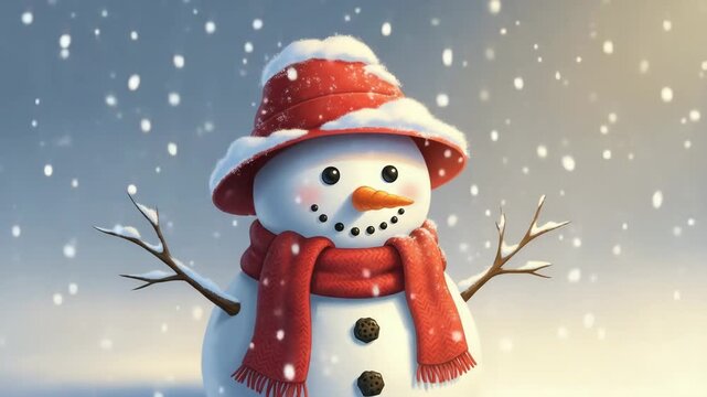 Cute happy snowman character wearing red hat and scarf with carrot nose standing in falling snow winter landscape 3d illustration wallpaper

