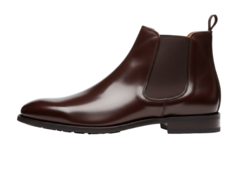 Isolated formal brown leather men's Chelsea boot with loop, side view against plain backdrop