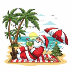 Summer Christmas: Santa Claus on a Tropical Beach Drinking Coconut