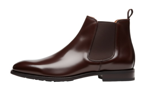 Isolated formal brown leather men's Chelsea boot with loop, side view against plain backdrop
