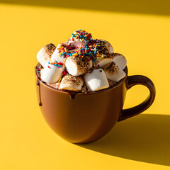 Bright and Cheerful Hot Chocolate with Marshmallows on Yellow background