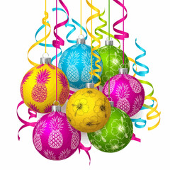Vibrant tropical Christmas baubles featuring pineapple and hibiscus patterns, hanging with colorful streamers