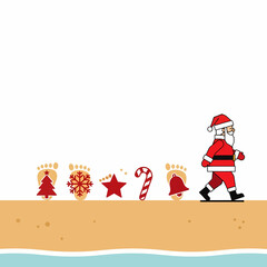 Vector illustration of Santa Claus walking on a tropical beach leaving footprints containing Christmas symbols
