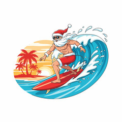 Dynamic vector illustration of Santa Claus, tanned and muscular, riding a wave on a surfboard under a tropical sunset