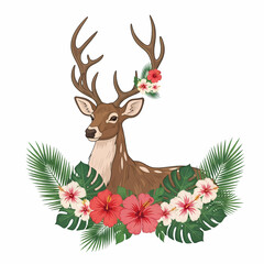 Vector illustration of a deer adorned with vibrant red and pink hibiscus flowers and lush tropical palm foliage