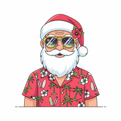Cartoon illustration of Santa Claus enjoying a summer holiday, wearing an aloha shirt and sunglasses reflecting a sunny beach scene