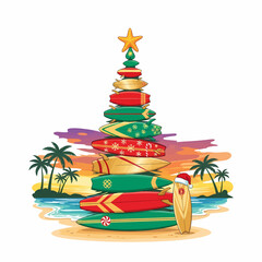 A colorful vector illustration of a Christmas tree created from red, green, and gold surfboards, topped with a starfish, set on a tropical beach at sunset