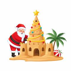 Cheerful Santa Claus decorating a festive sandcastle shaped like a Christmas tree in a tropical, summer setting