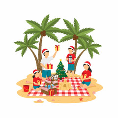 Vector illustration depicting a family celebrating Christmas on a sunny tropical beach