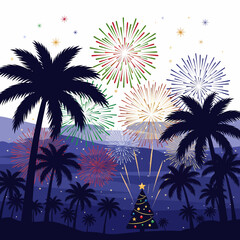 Vector illustration depicting a festive tropical beach scene at night, featuring palm tree silhouettes against a backdrop of colorful celebratory fireworks over the ocea