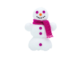 Isolated three-ball snowman figure in a pink scarf, made of cotton, button eyes, and carrot nose