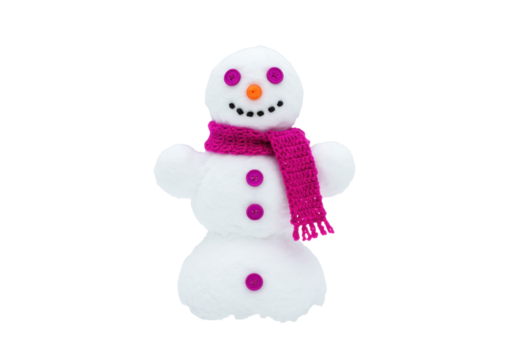 Isolated three-ball snowman figure in a pink scarf, made of cotton, button eyes, and carrot nose