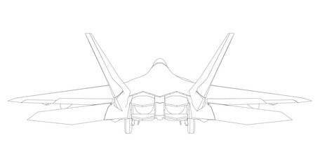 Fighter jet contour drawing with sleek aerodynamic design, two wings, tail fin, and visible engines. This printable coloring page brings the combat aircraft to life.