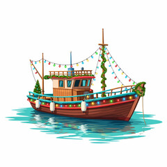 Whimsical cartoon illustration of a fishing boat decorated with colorful Christmas lights and green garland, floating on clear turquoise water