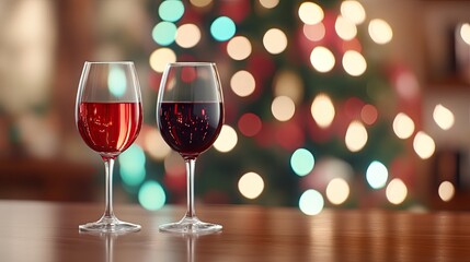 Two elegant wine glasses filled with red and white wine sit on a polished bar counter. Blurred figures enjoying the nightlife create a lively atmosphere in a New India nightclub