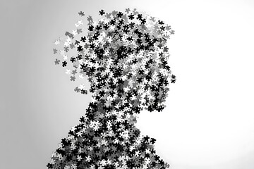 Silhouette of a person created from puzzle pieces in black and white, symbolizing mental health and fragmentation.