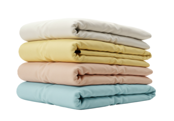 Isolated stack of colorful bed sheets neatly folded linen bedding in pastel shades textile