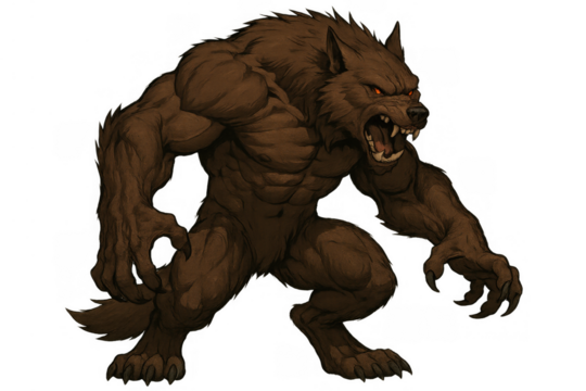 Brown muscular werewolf monster snarling, standing aggressively with red eyes, fantasy creature with transparent background