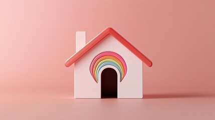 Small white house model with an LGBTQ pride heart inside, set against a pastel pink background — banner concept for love, inclusivity, and a safe home, perfect for Valentine’s Day.