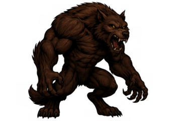 Werewolf monster creature showing aggression. Furious beast with brown fur and sharp claws ready to attack, transparent background