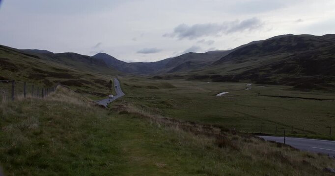 extra wide shot Looking up the A93 old military Rd to braemar at Glenshee