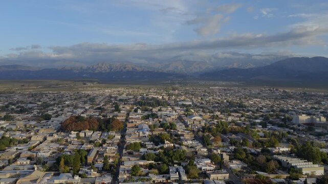 Aerial view of Chilecito with the Andes mountains in the background, La Rioja Province, Argentina.