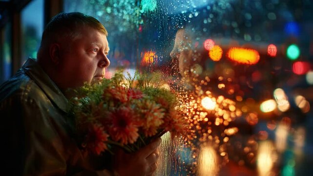 A Thoughtful Moment: A Man Gazes Longingly Through a Rain-Splattered Window While Holding a Bouquet of Colorful Flowers, Capturing a Blend of Emotions Amidst Glistening City Lights