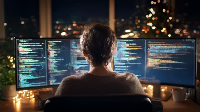 Programmer coder developer three monitor workstation coding late night with city lights cozy evening ambiance debugging software computer monitor