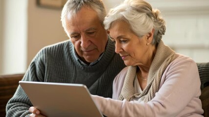 Elderly couple cozy living room tablet technology senior sitting together smiling and reading on digital device for affectionate companionship - Powered by Adobe