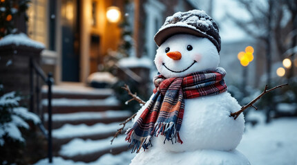 Obraz premium Classic snowman with scarf and hat in front of a house, festive winter scene.