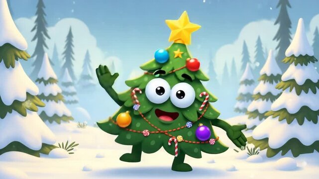 Happy cartoon Christmas tree character with big eyes and smile decorated with colorful baubles and golden star waving hand isolated illustration

