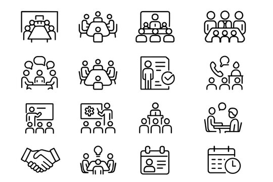 Meeting icon set. Business conference vector set. Meeting icon collection for group discussion, team training and collaboration.