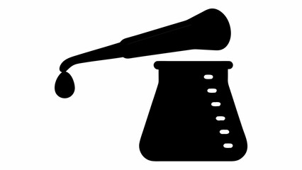 Black silhouette of a pipette dispensing a drop into a marked laboratory flask on a white background