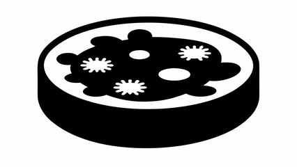 Black and white petri dish with bacteria colonies on a white background in an isometric view is shown