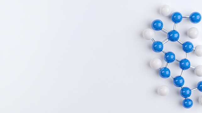 A detailed model of blue and white molecular structures is displayed against a pure white background, designed for educational and scientific presentations with ample whitespace