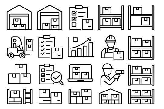 Warehouse icon set. Logistics storage vector set. Warehouse icon collection for inventory, packaging, shelves and supply management.