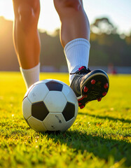 Soccer Kick Moment with Red Gear and Dual Balls on Sunny Field for Sports Promotions