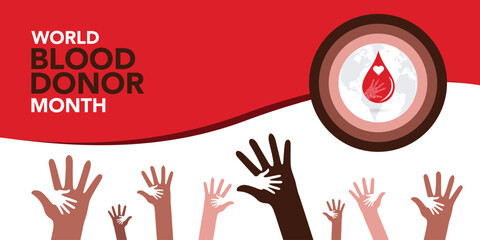 World blood donor month. Emblem with image of red heart on dark background. Medical sign on June 14. Vector illustration.	