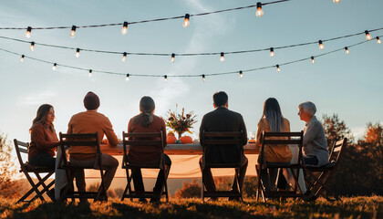 Back View of Family and Friends Gathered Outdoors at Sunset Dinner Table, Celebrating Holiday or Thanksgiving Feast with String Lights and Autumn Sky
