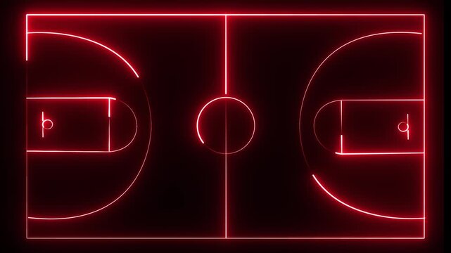 animated neon red basketball court lines glowing on a dark background with a dark red gradient, abstract sport loop animation for game graphics and digital design	
